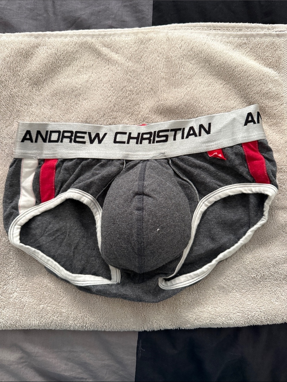 NDREW CHRISTIAN SHOCK JOCK RACER BRIEF Gray Briefs with Red and White Accents